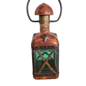 Vintage italian leather wrapped decanter green glass